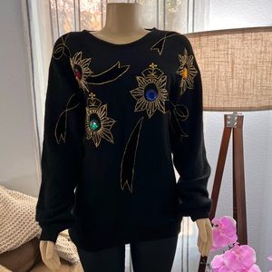 Vintage Black Sweater Sz 18 Gemstone Embroidered Work in Progress Gladys Bagley